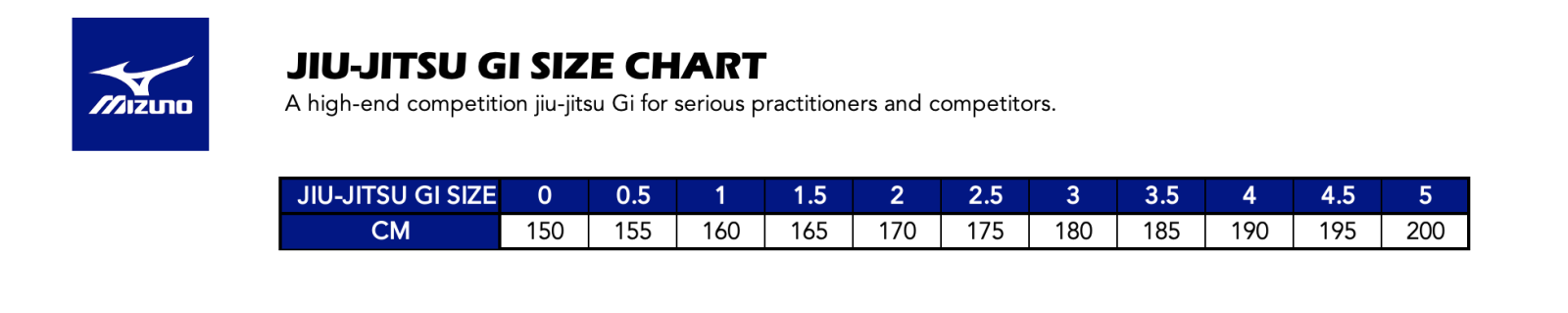 Mizuno judo gi size 2025 chart